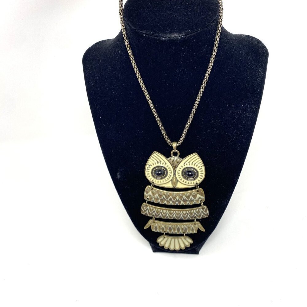 Vintage Articulated Owl Pendant Necklace 36" Bronze Chain Enamel Boho Hippie